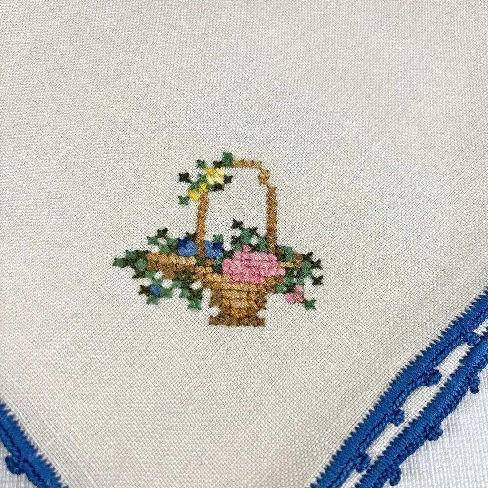 Vintage Cottage Cross Stitch Luncheon Napkins Linen Shabby Decor Embroidered